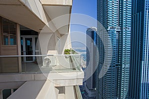 Balcony at Dubai city skyscraper.