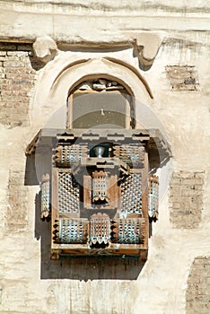 Balcony enclosure on a traditional Arabian building of old Sana