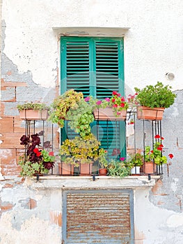 Balcony with flowers on rustic wall of house