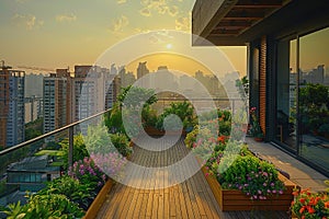 Balcony garden with lush plants and flowers overlooking a city., Generated AI