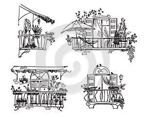 Balcony garden. set of line drawings of cute little gardens of potted plants grown on balconies