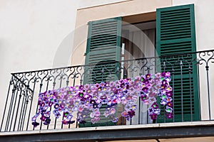 Balcony with green shutters, decorated with violet crochet flowers on \