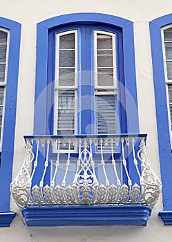 Balcony of an historic facade in the old city center of Santa Cruz. La Palma Island
