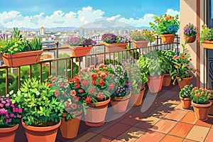 a balcony is lined with potted plants and fireplaces