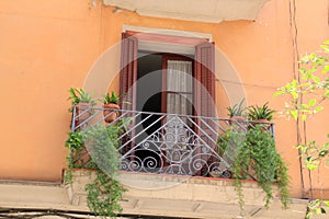 Balcony with louvre doors and plants in Barcelona, Spain