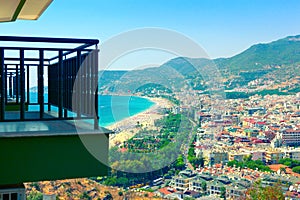 Balcony with nice view of Cleopatra`s Beach and Alanya cityscape