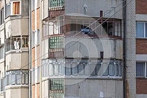 Balcony from old apartment block from communist era in Eastern Europe. Communist socialist architecture style flat.