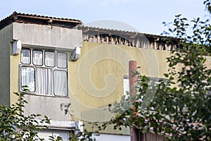 Balcony from old apartment block from communist era in Eastern Europe. Communist socialist architecture style flat.