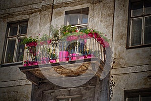 A balcony in an old historic tenement house in Warsaw with summ