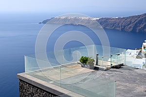 Balcony overlooking Aegean Sea, Santorini. Greece