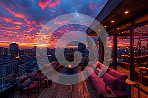 A balcony overlooking the cityscape at sunset, featuring comfortable couches and a glowing fire pit