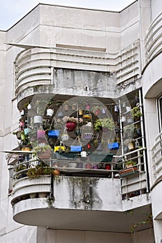 Balcony with Plants, Apartment Building in 12th Arrondissement, Paris, France as Seen from Coule Verte Rene-Dumont