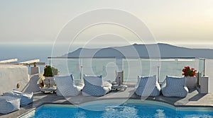 Balcony with pool in Imerovigli, Santorini, Greece with caldera sea view