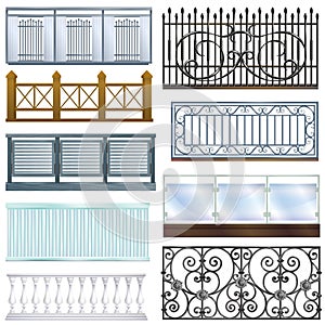 Balcony railing vector vintage metal steel fence balconied decoration architecture design illustration set of classical