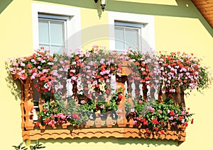 Balcony with red and pink flowers