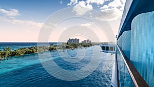 Balcony side of cruise ship in Nassau Bahamas.