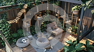 a balcony transformed into a haven for cats, featuring wooden climbing trees, plush gray beds, bamboo tree houses, and