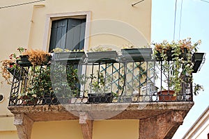 balcony on a typical Italian tenement house, old balcony decorated with pots of flowers, wooden shutters