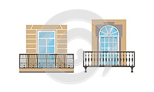 Balcony Windows Colllection, Retro House Facade Design Elements with Metal Forged Fences Vector Illustration