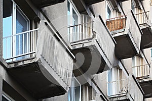 Balcony and windows on a old building in Bucharest photo