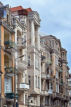 Balconys and windows on the facade of the Art Nouveau buildin photo