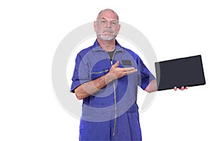 bald adult man showing cell phone handset technology edition \