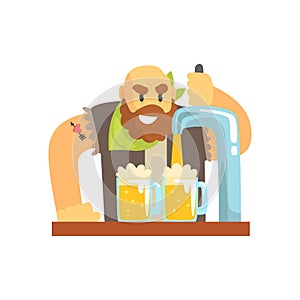 Bald bearded bartender man character standing at the bar counter pouring beer