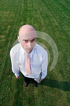 Bald businessman on grass