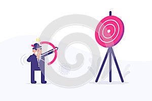 Bald Businessman Shooting an Arrow to The Target. Business Vector Illustration