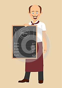 Bald chef with mustache holding menu blackboard with text
