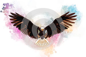 Bald eagle 3d illustration in the style of watercolor painting isolated on white background