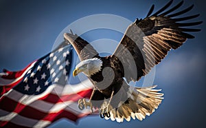 Bald eagle with American flag flies in freedom, blurred blue sky background in morning, generative AI
