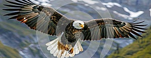 a bald eagle as it soars gracefully over the breathtaking Alaskan wilderness, with snow-capped mountains and dense