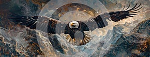 a bald eagle as it soars gracefully over the breathtaking Alaskan wilderness, with snow-capped mountains and dense