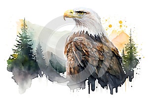 The bald eagle bird of prey, watercolor illustration generated by AI