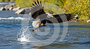 bald eagle catching a fish in a river