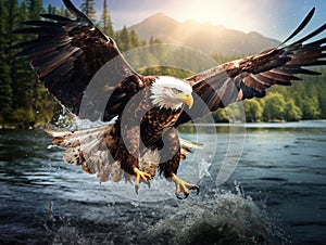 Bald Eagle catching fish in river