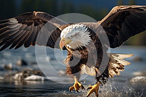 Bald eagle fiercely hunts and attacks its aquatic prey