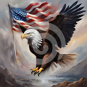 a bald eagle flies in the air holding a flag on an american flag