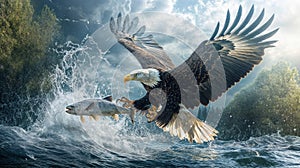 Bald eagle in flight, captured in mid action as it snatches a fish