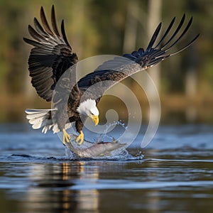 bald eagle in flight catching a fish