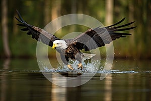 Bald eagle in flight catching fish in the river