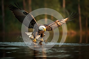 Bald eagle in flight catching fish in the river