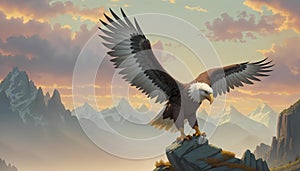 Bald eagle flight landing rocks wings spread