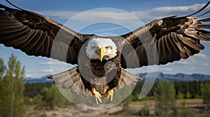 A bald eagle flying in the air. Generative AI.