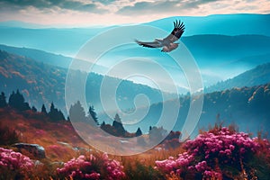 Bald eagle flying and gliding slowly and majestic on the sky over high mountains. Concept of wildlife and pure nature