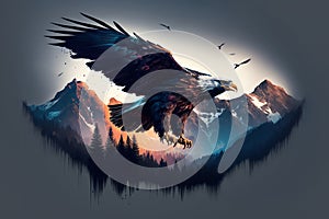 Bald eagle flying and gliding slowly on the sky over high mountains. Generative AI