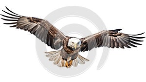 Bald eagle flying isolated on white background. Generative AI