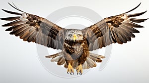 Bald eagle flying isolated on white background. Generative AI.