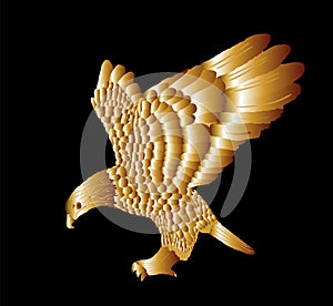 Bald eagle flying vector silhouette illustration isolated on black background. Eagle soaring with spread wings. Gold eagle.